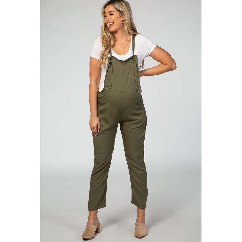Olive Front Tie Maternity Overalls