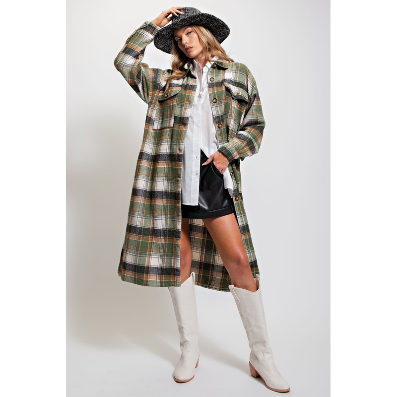 Olive Plaid Button Front Long Coat