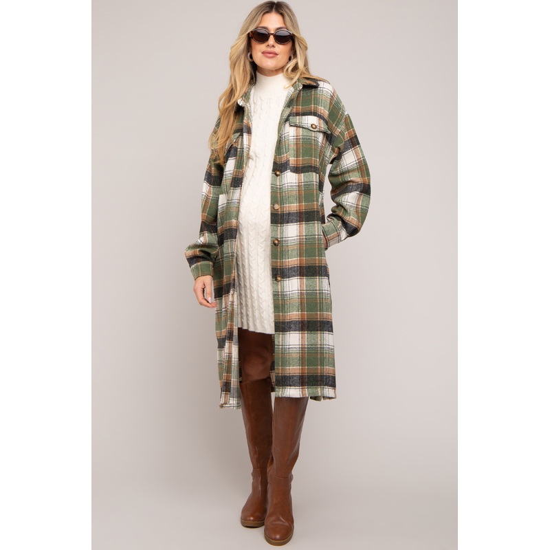 Olive Plaid Button Front Long Maternity Coat