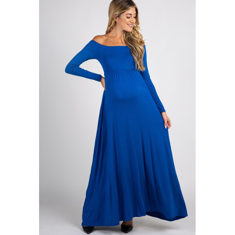 Petite Royal Blue Solid Off Shoulder Maternity Maxi Dress