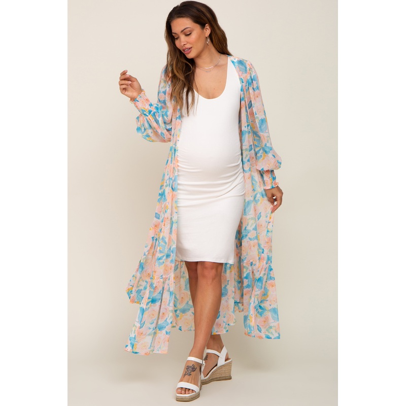 Aqua Floral Chiffon Ruffle Hem Maternity Cover-Up