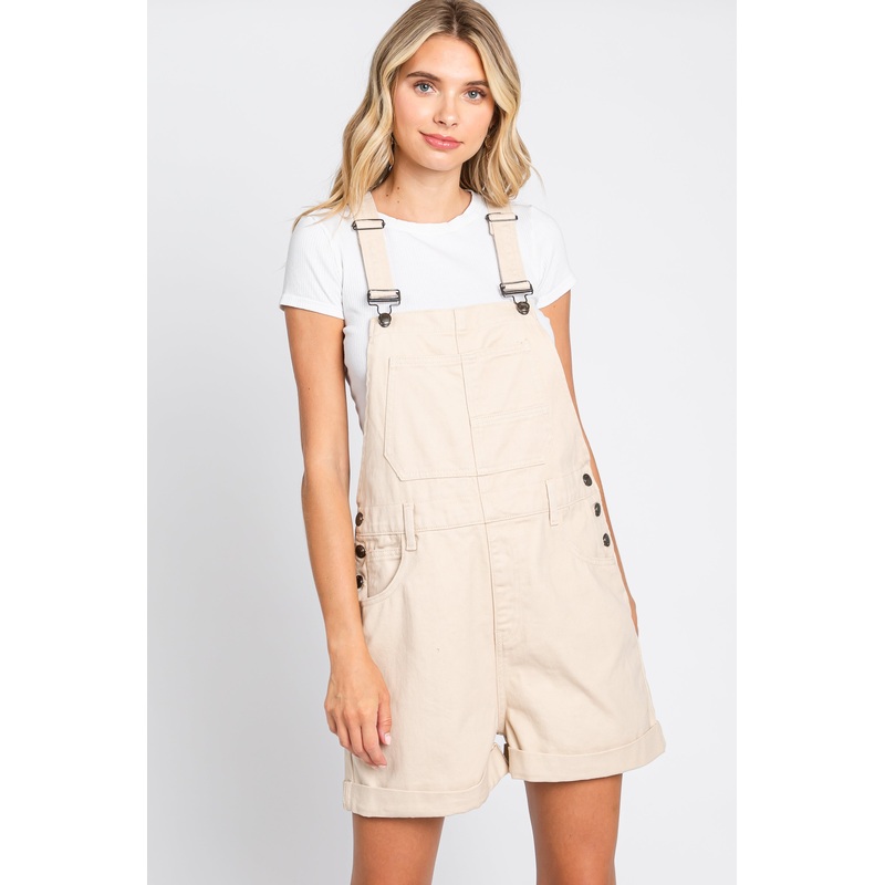 Beige Front Pocket Overall Shorts