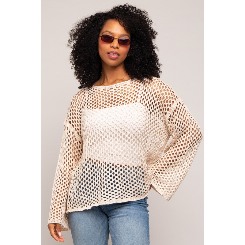 Beige Open Knit Bell Sleeve Sweater
