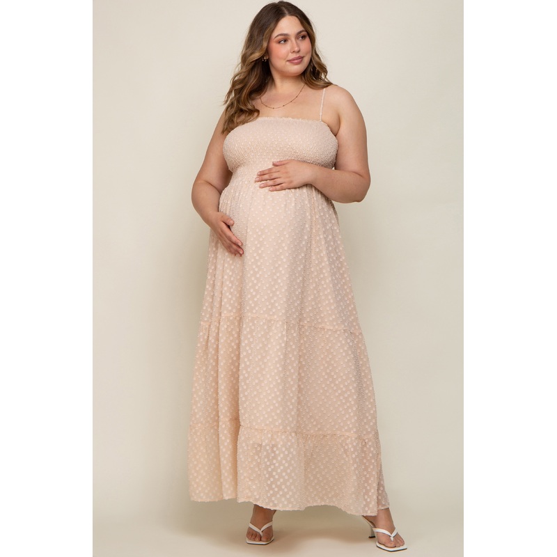 Beige Textured Dot Chiffon Sleeveless Plus Maternity Maxi Dress