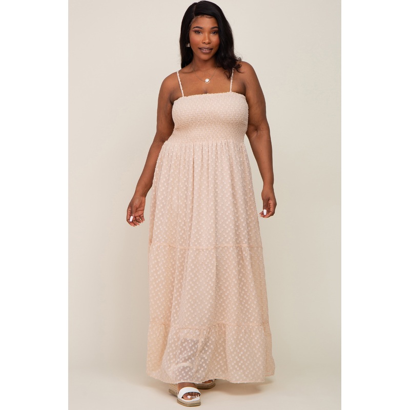 Beige Textured Dot Chiffon Sleeveless Plus Maxi Dress