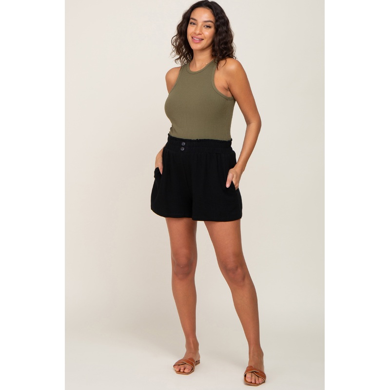 Black Button Front Linen Maternity Shorts