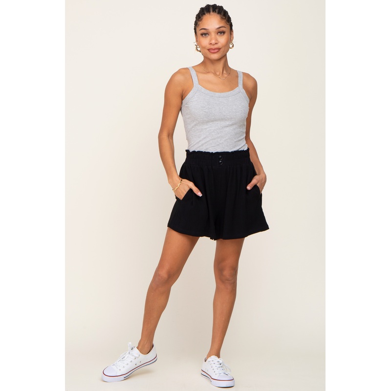 Black Button Front Linen Shorts