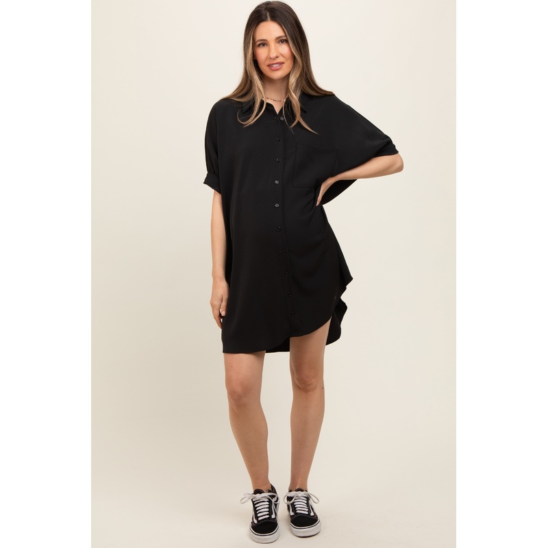 Black Collared Button Down Maternity Shirt Dress