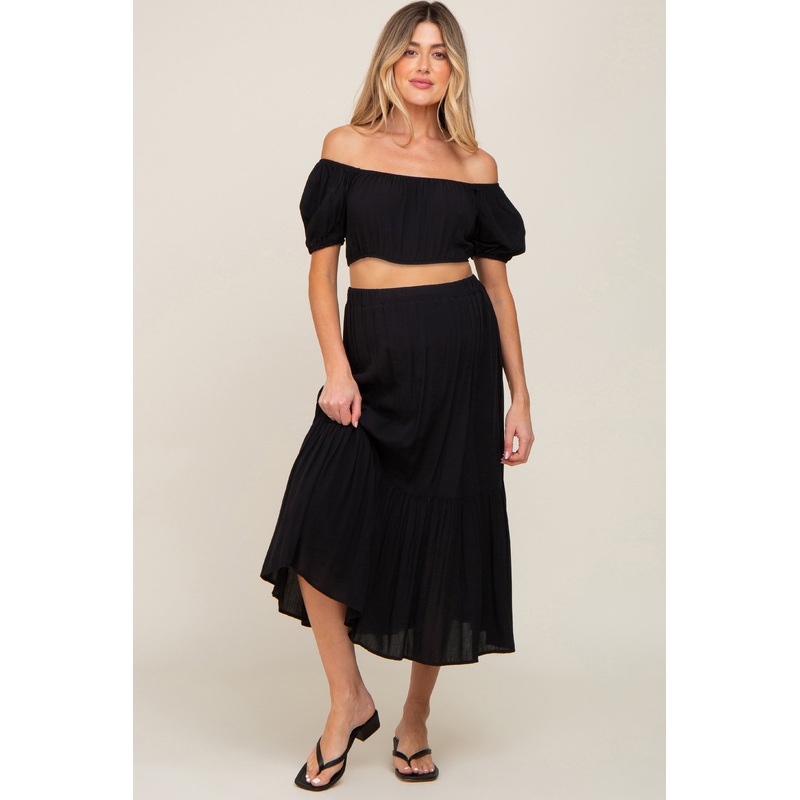 Black Crop Top and Skirt Two Piece Maternity Set
