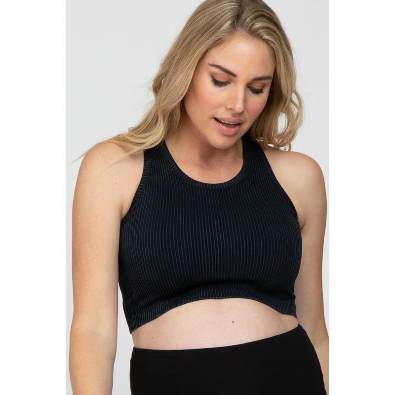 Black Vintage Wash Ribbed Maternity Sports Bra