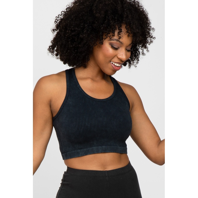 Black Vintage Wash Ribbed Sports Bra