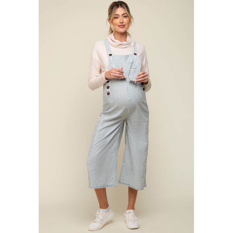 Blue Striped Crop Wide Leg Linen Maternity Overalls