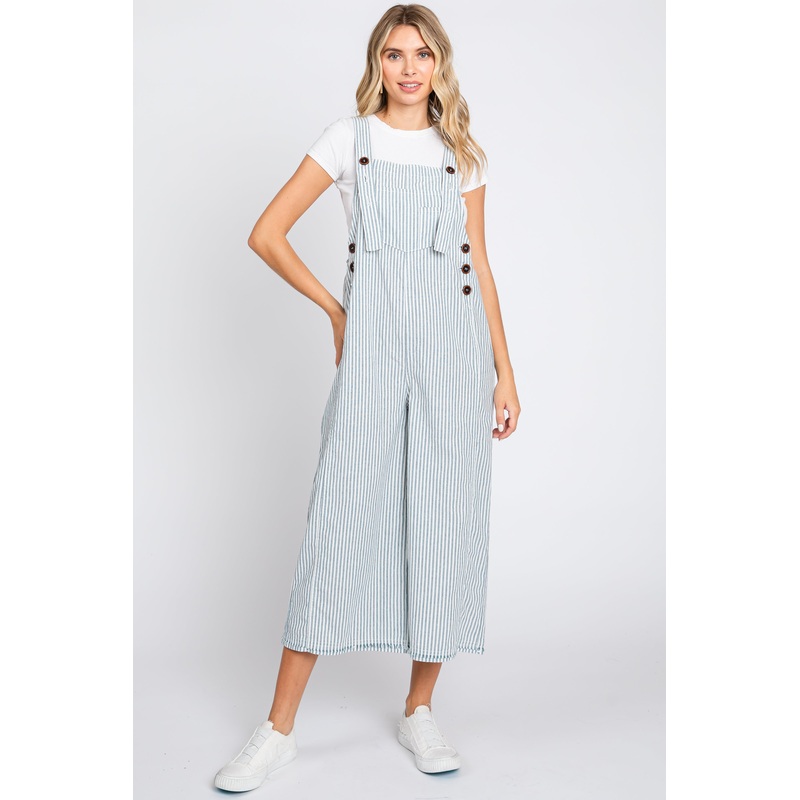 Blue Striped Crop Wide Leg Linen Overalls
