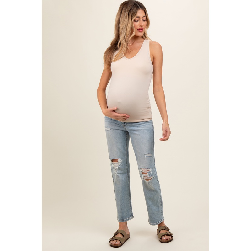 Light Blue Straight Leg Distressed Maternity Jeans