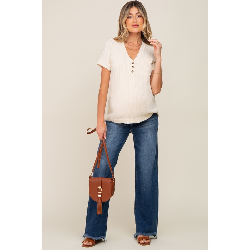 Navy Blue Fringe Hem Maternity Wide Leg Jeans