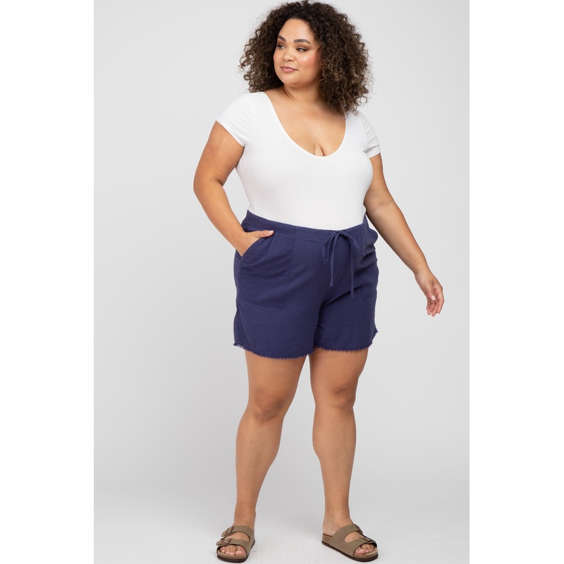 Navy Blue Linen Fringe Hem Drawstring Maternity Plus Shorts