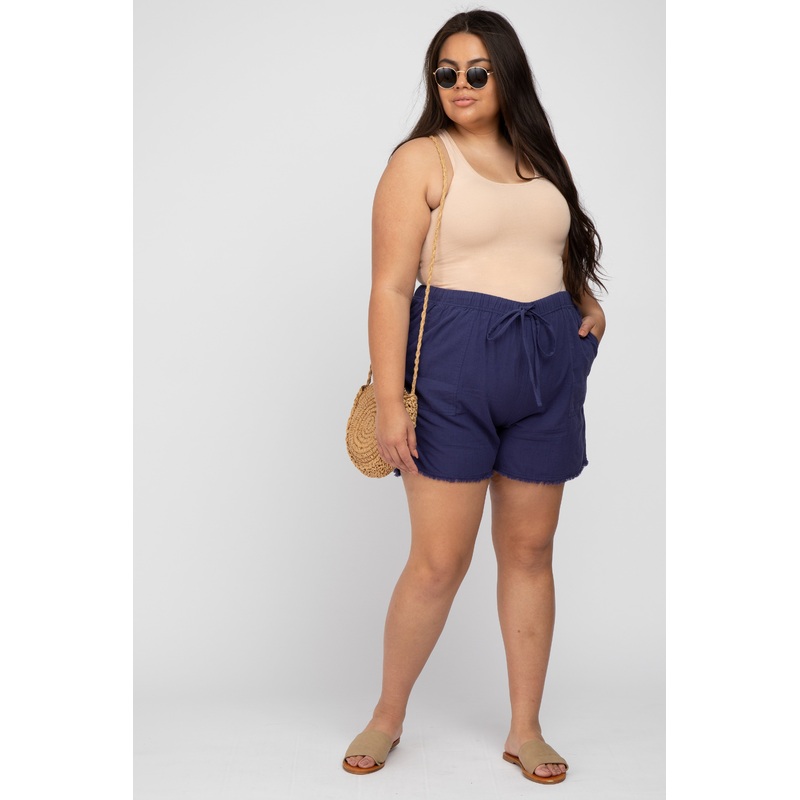 Navy Blue Linen Fringe Hem Drawstring Plus Shorts
