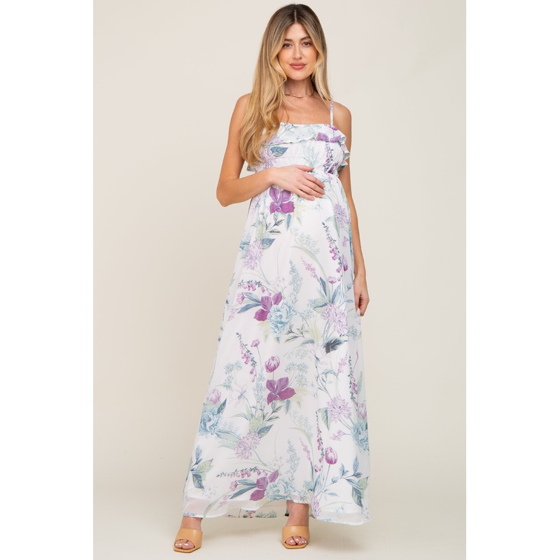 White Floral Sleeveless Ruffle Maternity Maxi Dress