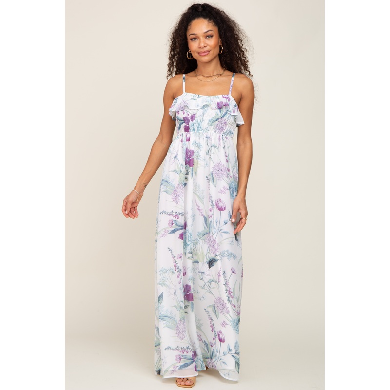 White Floral Sleeveless Ruffle Maxi Dress