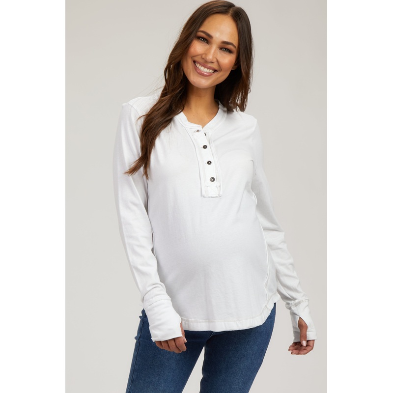 White Long Sleeve Exposed Seam Maternity Top