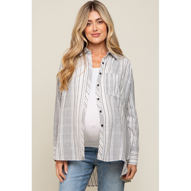 White Textured Stripe Button Down Hi-Low Maternity Top