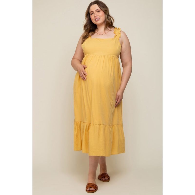 Yellow Ruffle Strap Back Tie Maternity Plus Midi Dress
