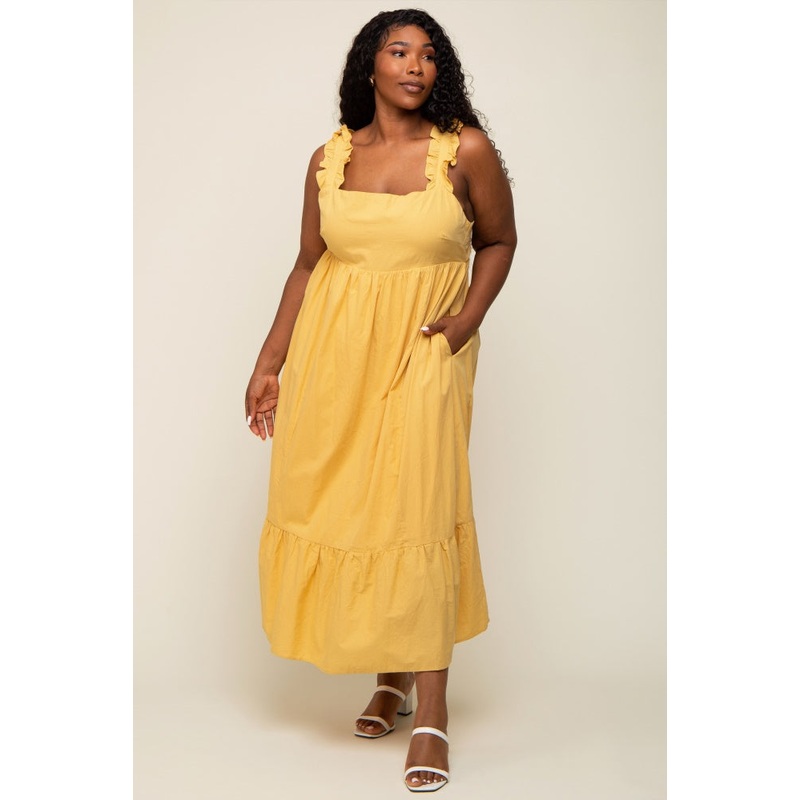 Yellow Ruffle Strap Back Tie Plus Midi Dress