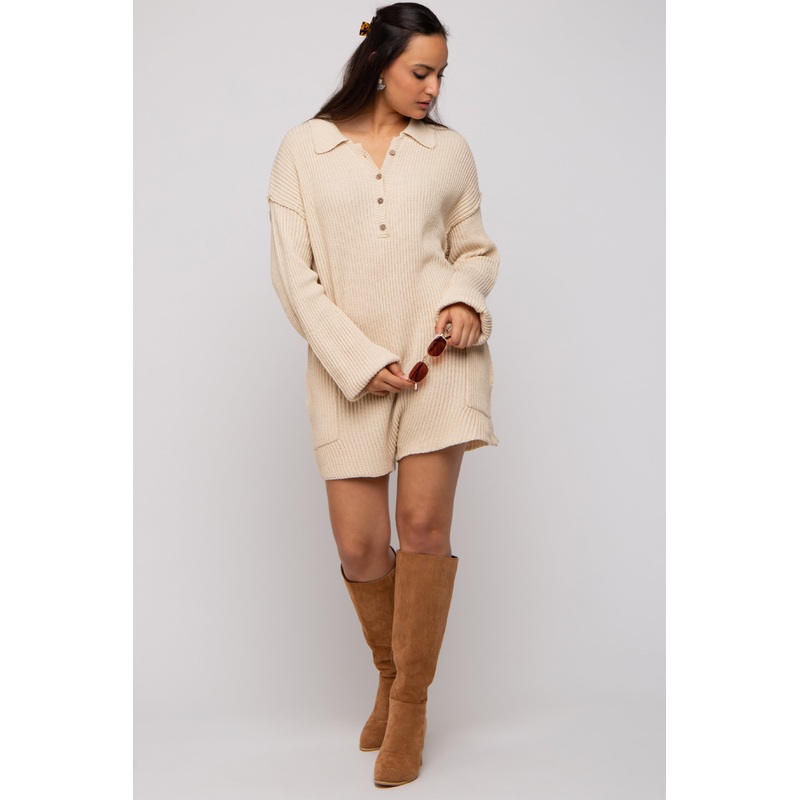 Beige Button Up Sweater Romper