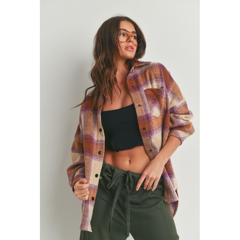 Beige Camel Purple Plaid Fringe Flannel