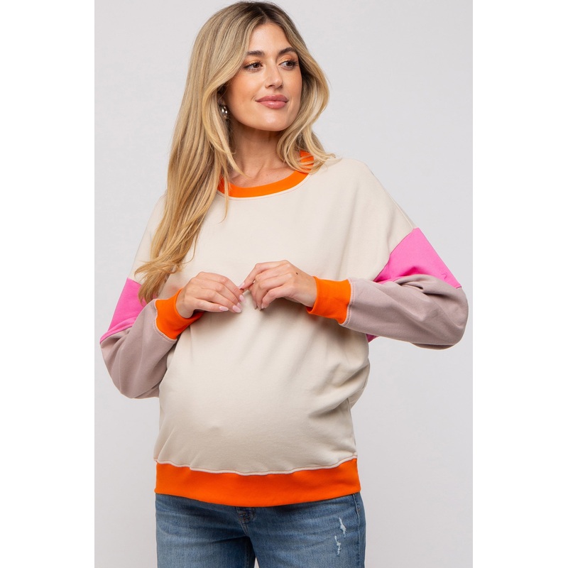 Beige Color Block Maternity Sweatshirt