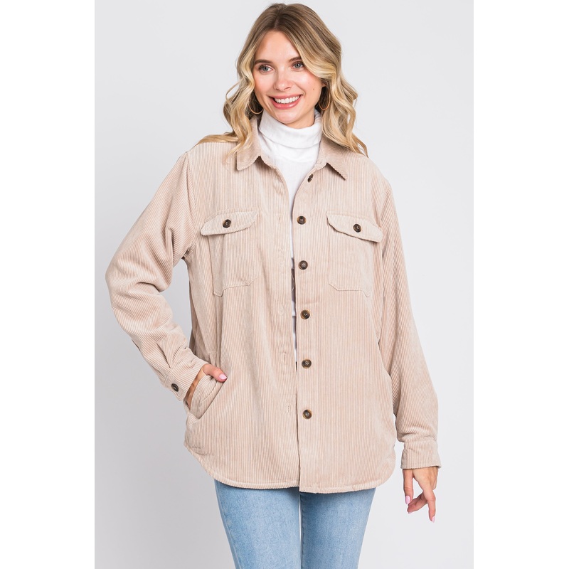 Beige Corduroy Plaid Fleece Lined Button Down Shacket