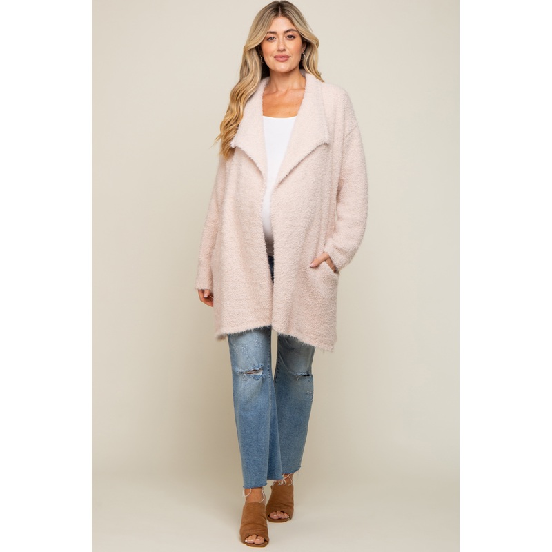 Beige Fuzzy Knit Draped Maternity Cardigan