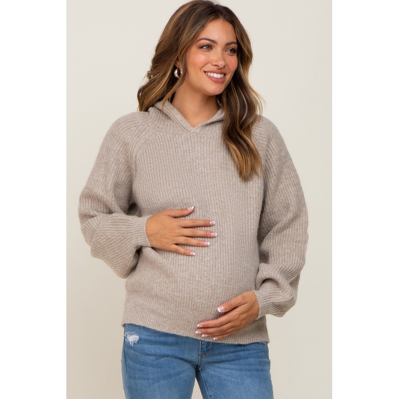 Beige Hooded Maternity Sweater