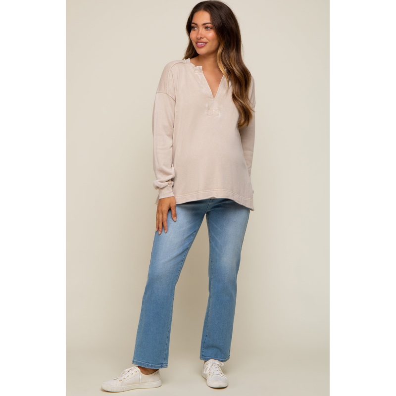 Beige Mineral Washed Terry Knit Maternity Top