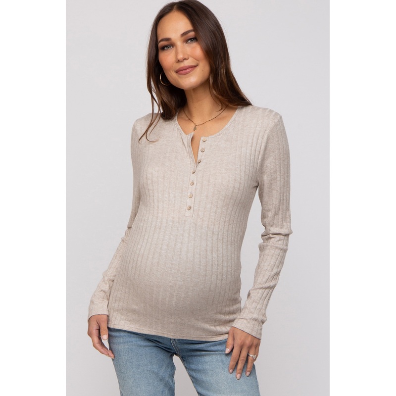 Beige Ribbed Knit Button Long Sleeve Maternity Top