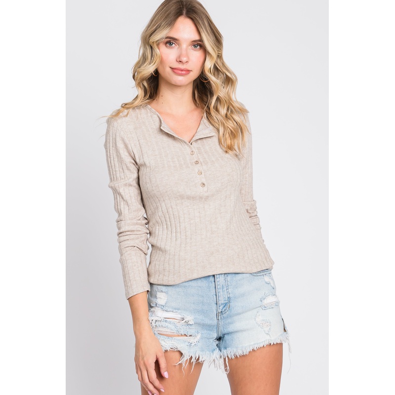 Beige Ribbed Knit Button Long Sleeve Top