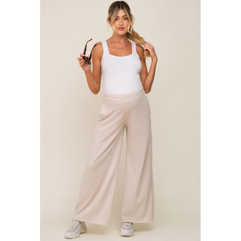 Beige Soft Fleece Wide Leg Maternity Lounge Pants