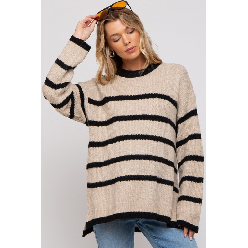 Beige Striped Knit Lightweight Maternity Sweater