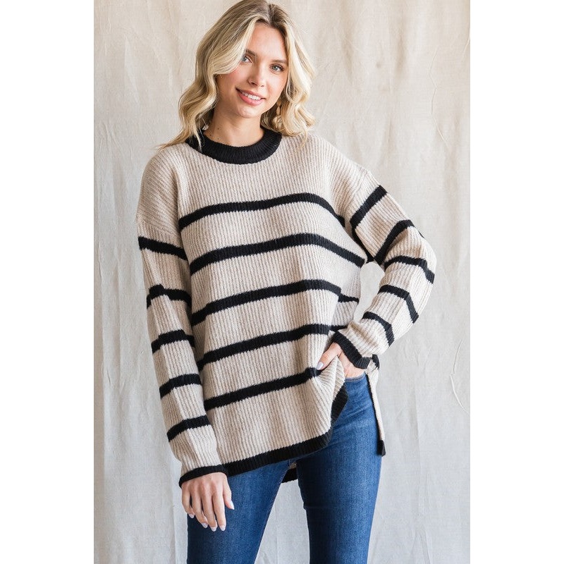 Beige Striped Knit Lightweight Sweater