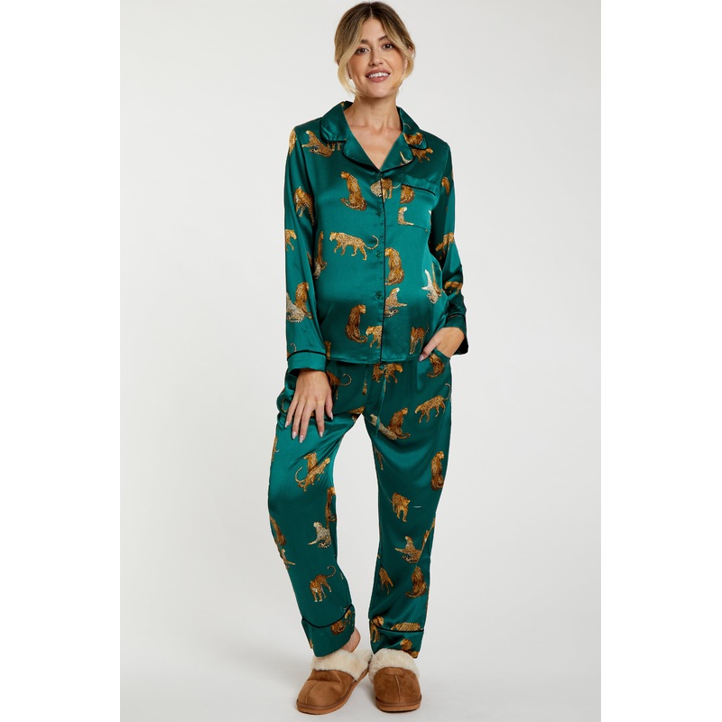 Forest Green Satin Animal Print Maternity Pajama Set