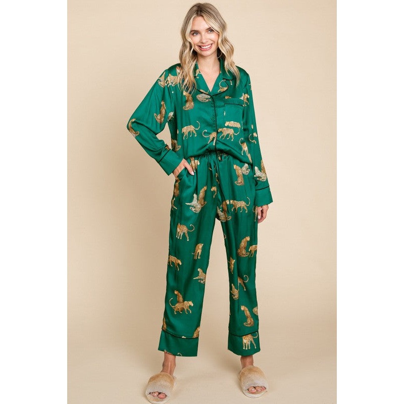 Forest Green Satin Animal Print Pajama Set