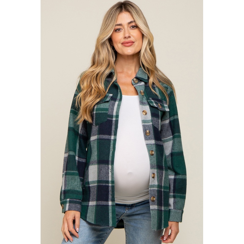 Green Plaid Maternity Shirt Jacket