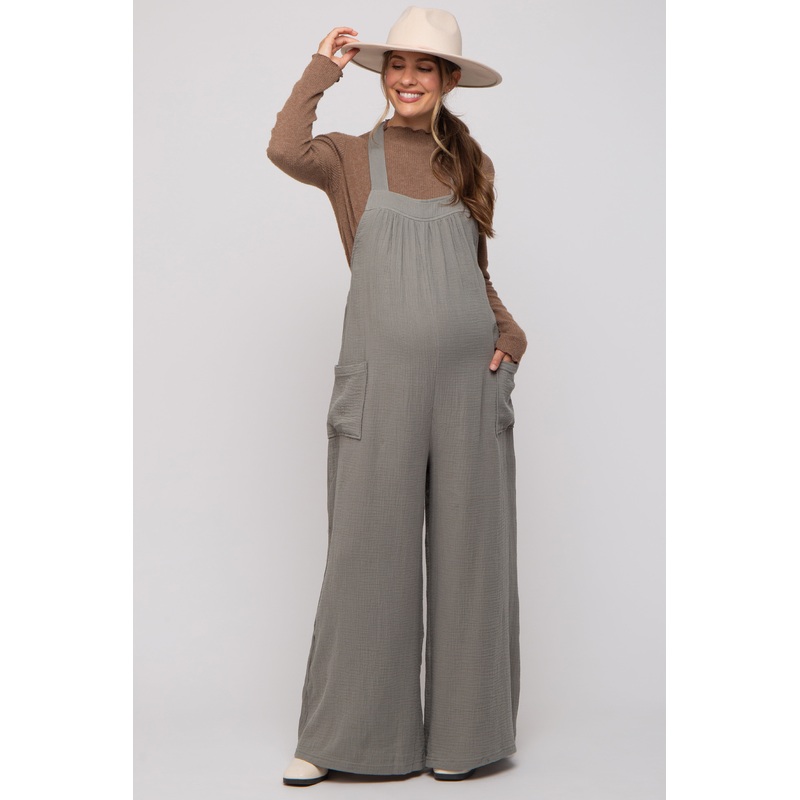 Light Olive Wide Leg Tie Back Maternity Overalls