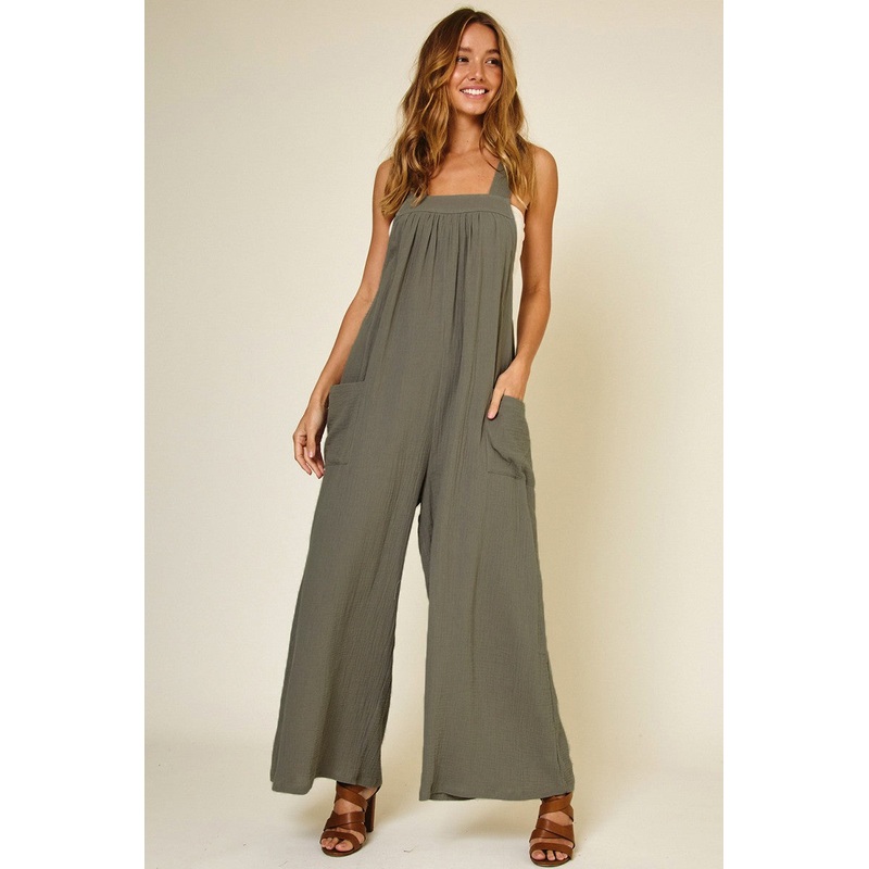 Light Olive Wide Leg Tie Back Overalls