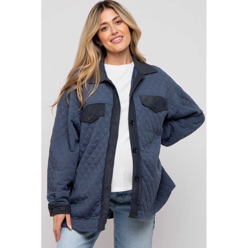Navy Blue Colorblock Quilted Maternity Shirt Jacket