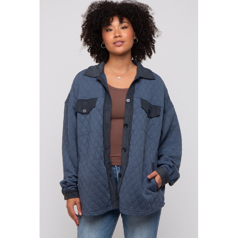 Navy Blue Colorblock Quilted Shirt Jacket