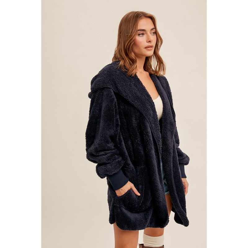 Navy Fuzzy Hooded Long Sleeve Jacket
