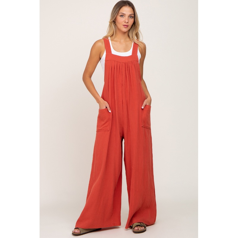 Rust Wide Leg Tie Back Overalls