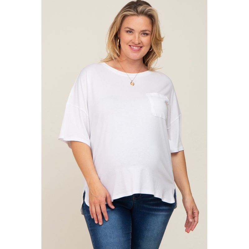 White Short Sleeve Pocketed Plus Maternity Top