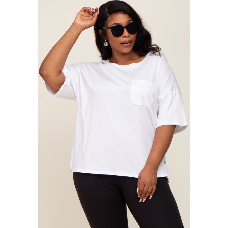 White Short Sleeve Pocketed Plus Top